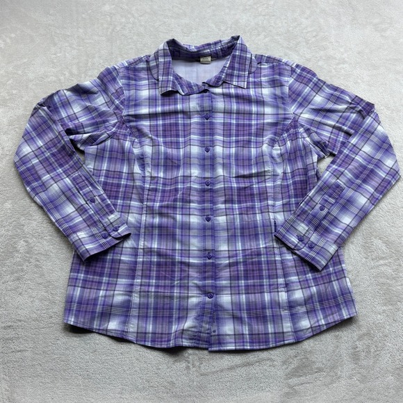 Duluth Trading Co Tops - Duluth Trading Co Button Up Shirt Women XL Purple Plaid Short Sleeve Vented Back